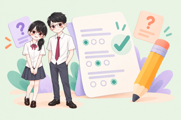 兩位學生與試卷、選擇題及鉛筆的考試主題插畫